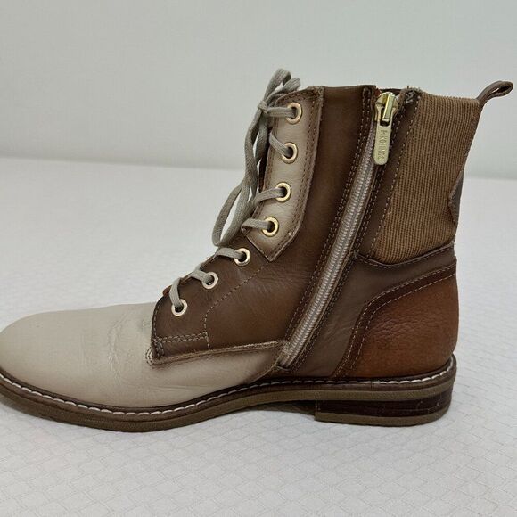 PIKOLINOS Two-Tone Leather & Canvas Lace-Up Boots | Tan & Cream | Women’s Size - Picture 8 of 11